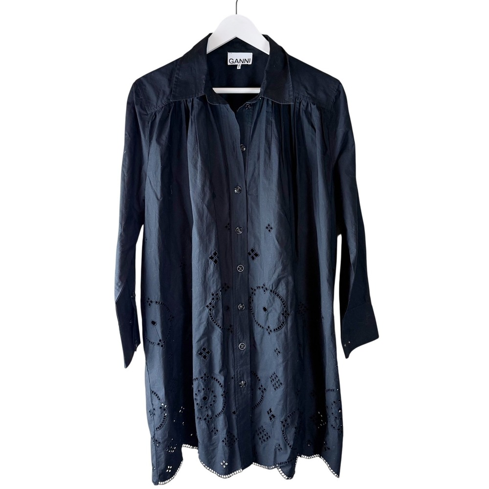 GANNI Broderie Anglais Shirt Dress Black Organic Cotton Eyelet Sz 38 US 6 8